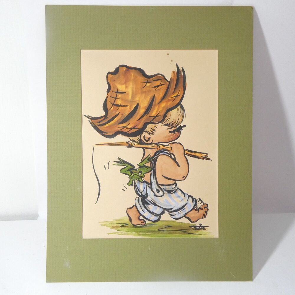 Josie Heins Signed Painting Print - Boy Fishing 1968 Vintage MCM